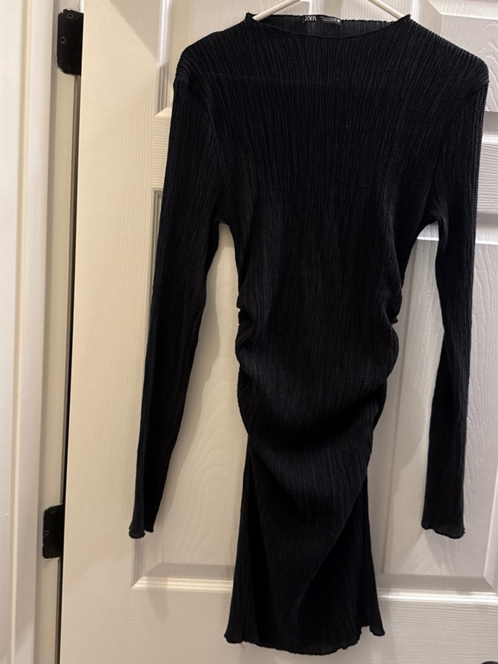 Zara Black Ribbed Long Sleeve Midi Dress with Scoop Neck